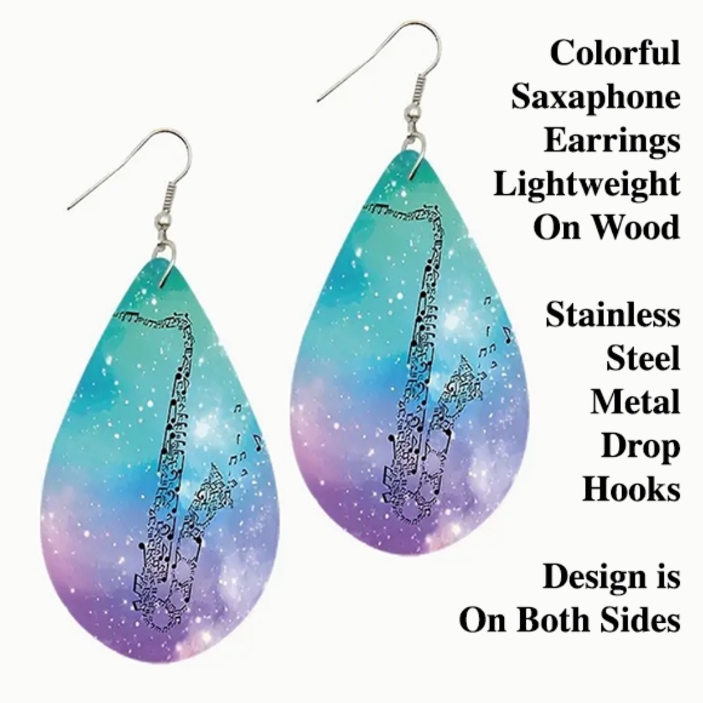 Saxaphone Teardrop Lightweight Wood Drop Earrings -On Colorful Background - NWT